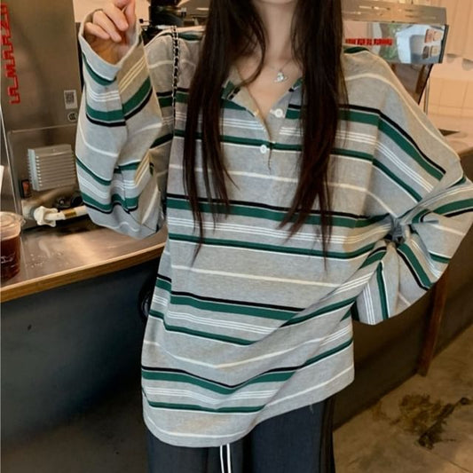 Striped Long-Sleeve Polo Paired with Cinched A-Line Skirt