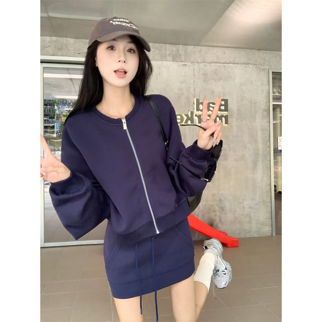 Crew-Neck Zip Top with Cinched A-Line Mini Skirt