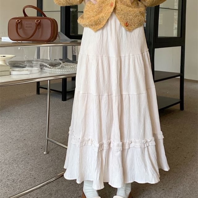High-Rise Ruffle-Tiered Flowing A-Line Maxi Skirt