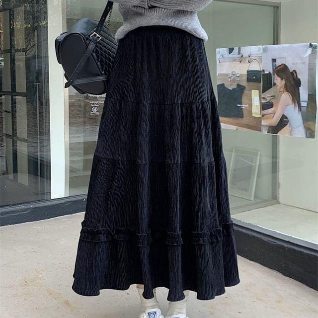 High-Rise Ruffle-Tiered Flowing A-Line Maxi Skirt