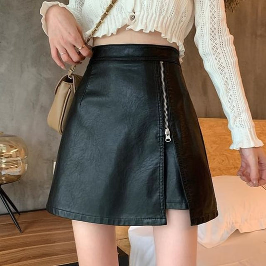 High Rise Faux Leather Slit Mini Skirt
