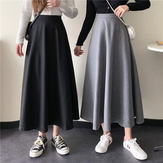 High Waist Solid Maxi Flared Skirt