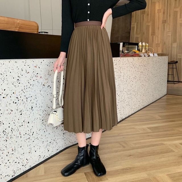 High Waist Accordion Pleated Midi Flared Skirt