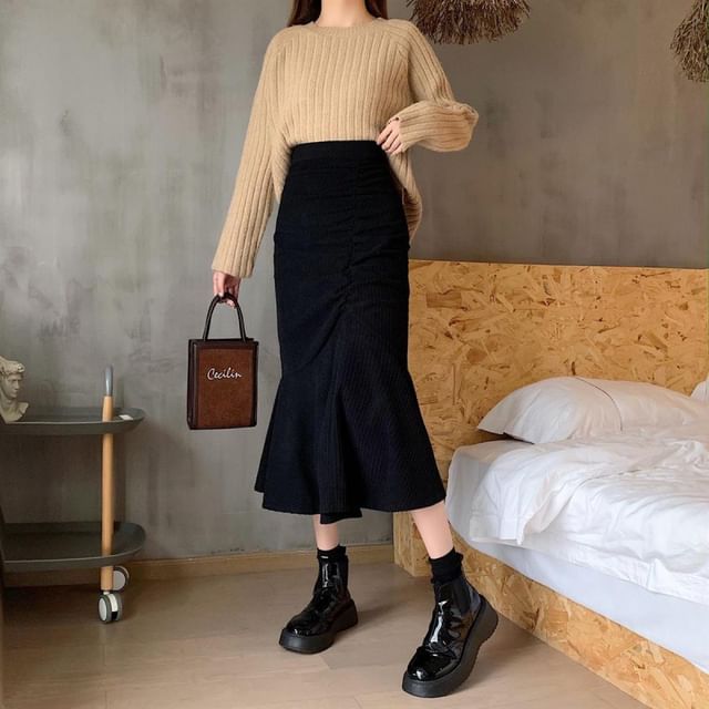 Elevated Shirred Mermaid Midi Skirt