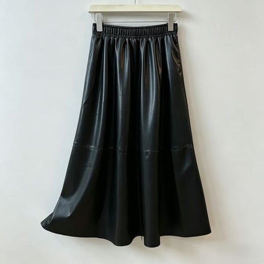 Elastic Waist Faux-Leather Flare Skirt
