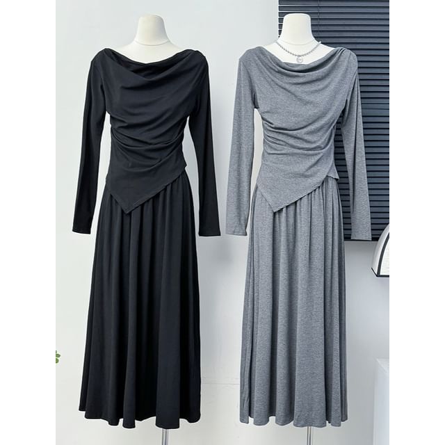 Asymmetric Cowl-Neck Top with High-Rise Flared Skirt Set