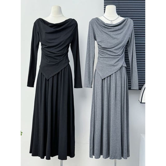 Asymmetric Cowl-Neck Top with High-Rise Flared Skirt Set
