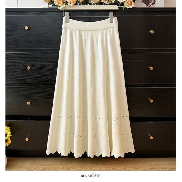 Eyelet-Embellished High-Rise Midi Flare Skirt