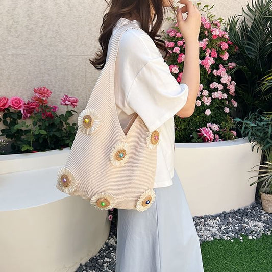 Knit Bag Accent Flower Shopper