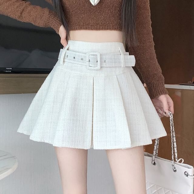 High-Waist Pleated Belted Tweed Mini Flare Skirt