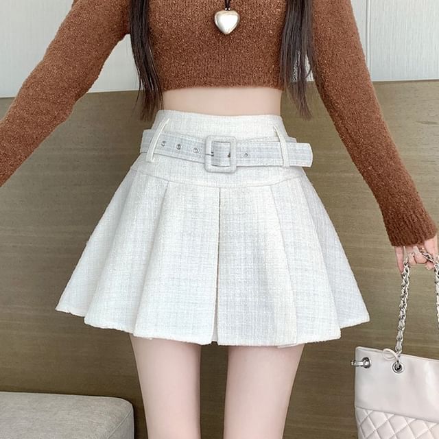 High-Waist Pleated Belted Tweed Mini Flare Skirt