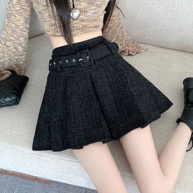 High-Waist Pleated Belted Tweed Mini Flare Skirt