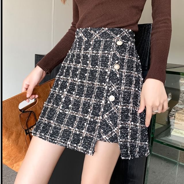 High Waist Checked Slit Mini Flared Skirt