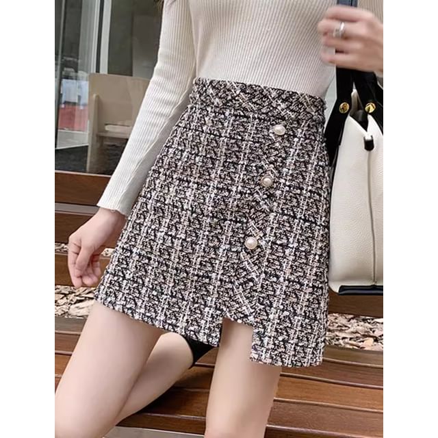 High Waist Checked Slit Mini Flared Skirt