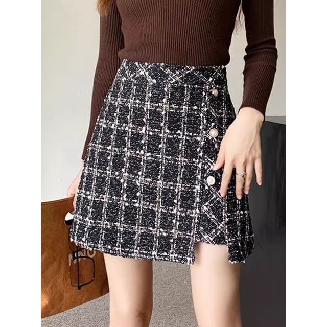 High Waist Checked Slit Mini Flared Skirt