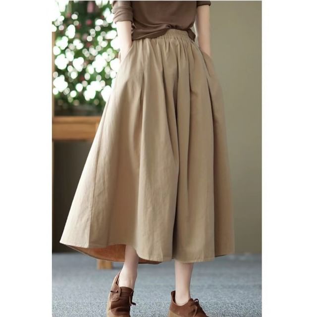 Elastic Waist Pleated Midi Flared Skirt in Solid Tone