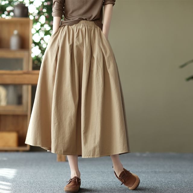 Elastic Waist Pleated Midi Flared Skirt in Solid Tone