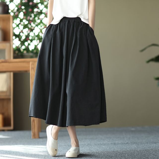 Elastic Waist Pleated Midi Flared Skirt in Solid Tone