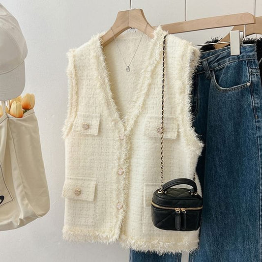 V-Neck Tweed Button Crop Sweater Vest