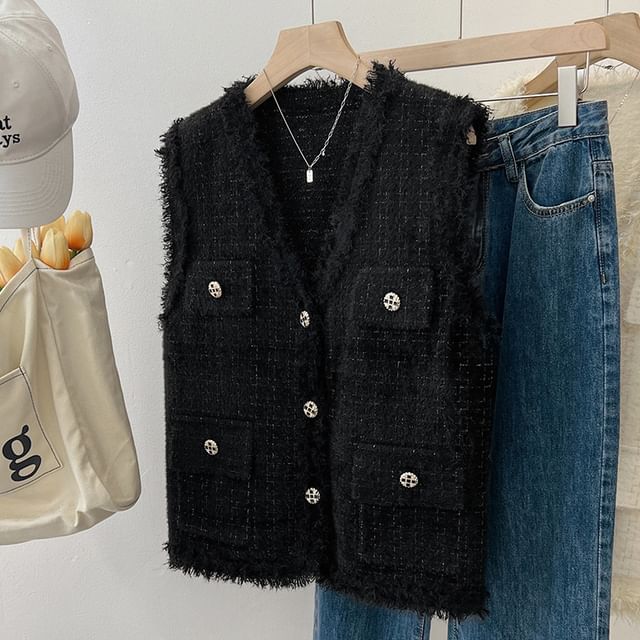V-Neck Tweed Button Crop Sweater Vest