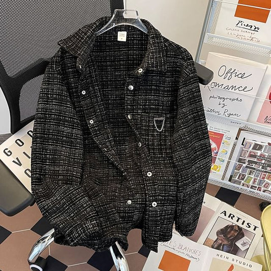Collared Chained Button-Up Tweed Jacket