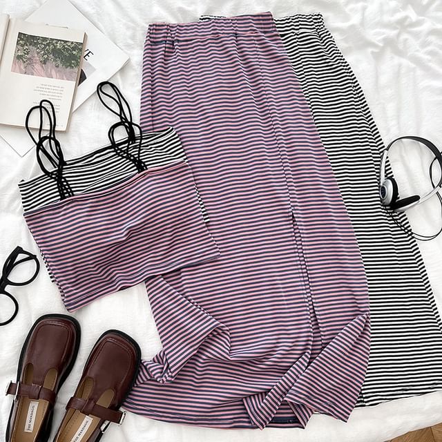 Striped Padded Crop Cami with Elastic Slit Maxi Flare Skirt Set