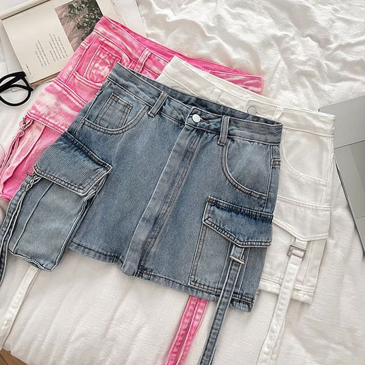 High-Rise Denim Cargo Mini Flare Skirt