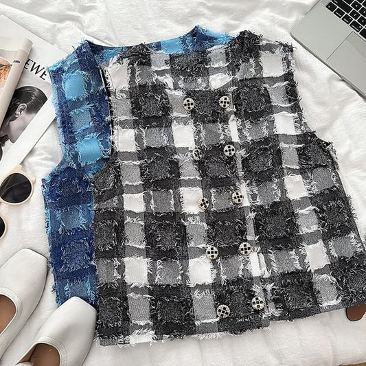 Round Neck Plaid Double Breasted Vest