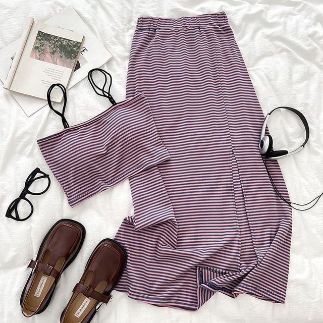 Striped Padded Crop Cami with Elastic Slit Maxi Flare Skirt Set