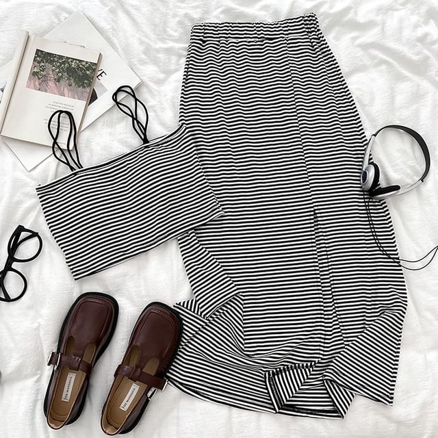 Striped Padded Crop Cami with Elastic Slit Maxi Flare Skirt Set