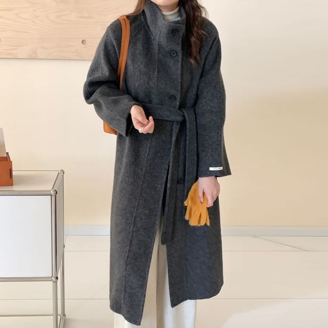 Stand Collar Woolen Midi Single-Breasted Coat