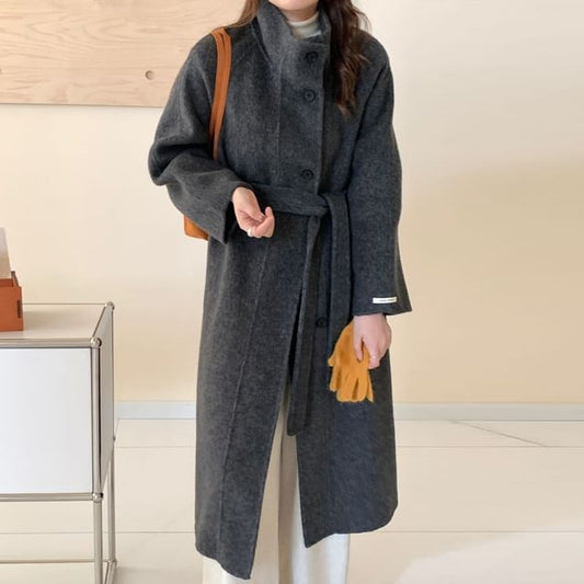 Stand Collar Woolen Midi Single-Breasted Coat