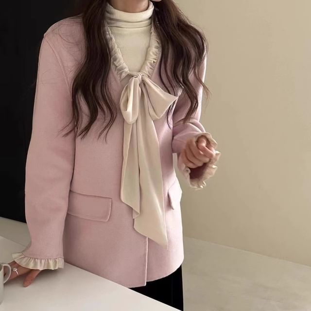 Two Tone Bow Woolen Single-Breasted Coat