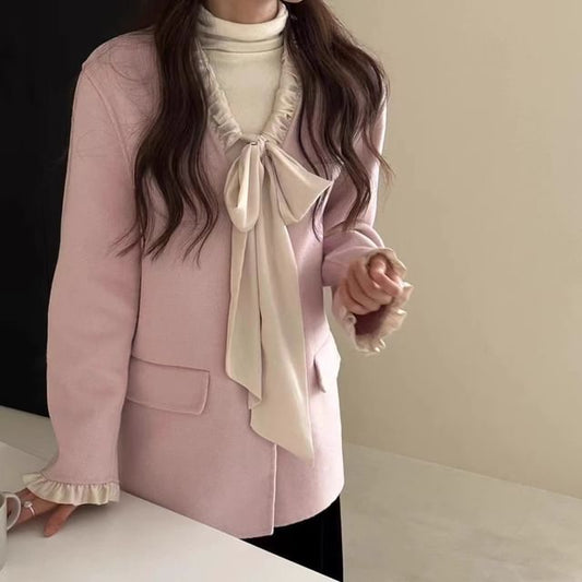 Two Tone Bow Woolen Single-Breasted Coat