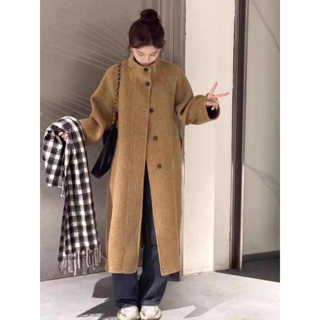 Stand Collar Woolen Midi Single-Breasted Coat