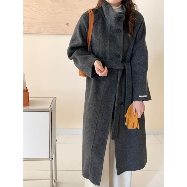 Stand Collar Woolen Midi Single-Breasted Coat