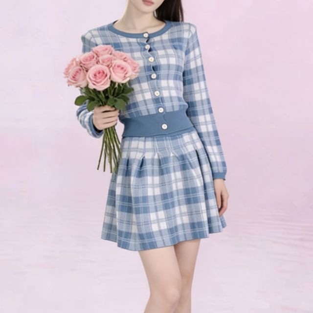 Plaid Cardigan Paired with High-Rise Mini Flare Skirt Set