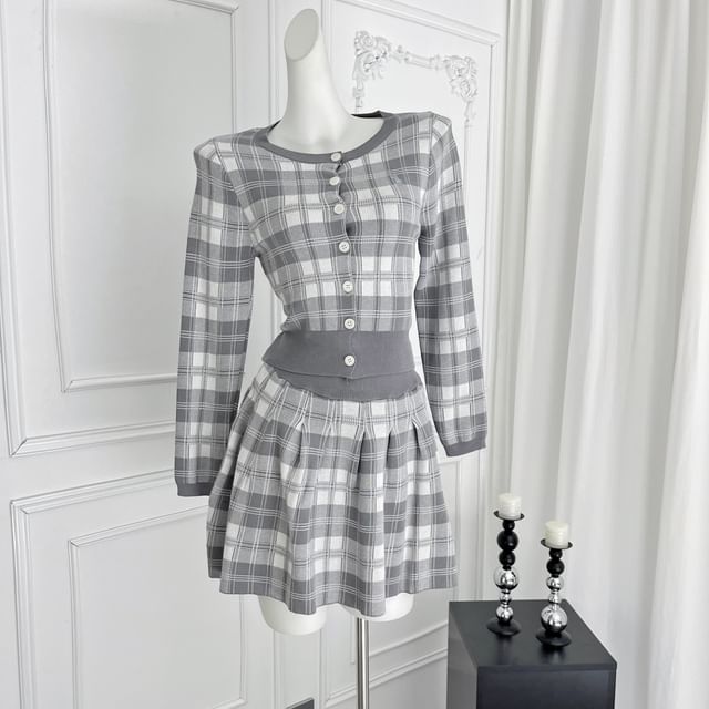 Plaid Cardigan Paired with High-Rise Mini Flare Skirt Set