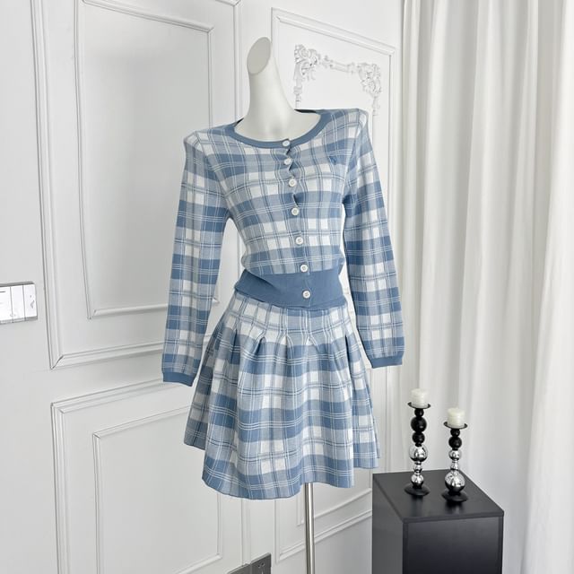 Plaid Cardigan Paired with High-Rise Mini Flare Skirt Set