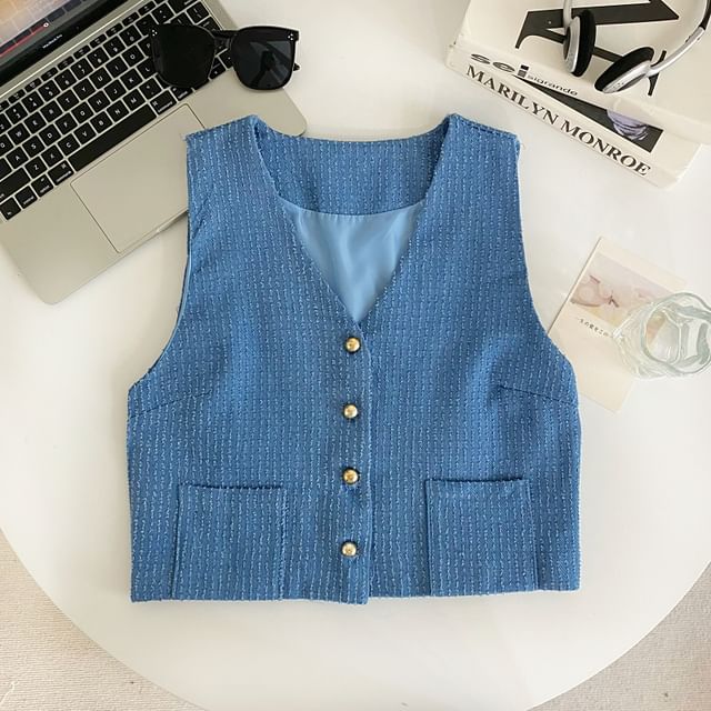 V-Neck Tweed Button-Up Vest