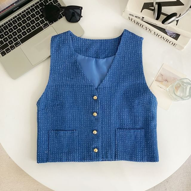V-Neck Tweed Button-Up Vest