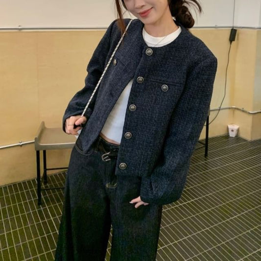 Crew Neck Plain Button-Up Tweed Crop Jacket / Mid Rise Washed Wide Leg Jeans