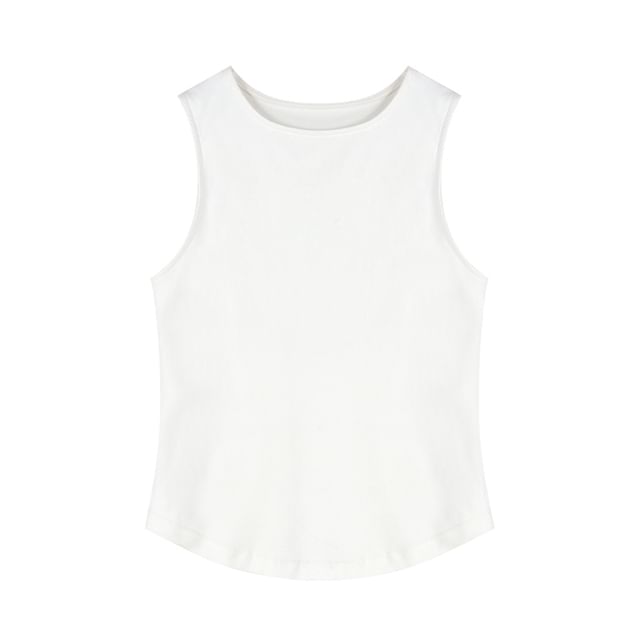 Round Neck Button-Up Tweed Crop Jacket / Plain Tank Top / Mid Rise Washed Wide Leg Jeans