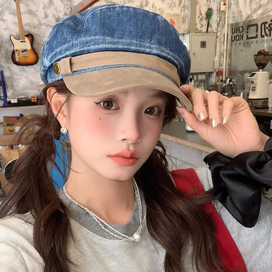 Faux Cap Sailor Panel Denim Washed Suede