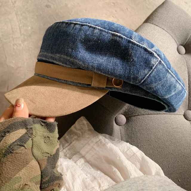 Faux Cap Sailor Panel Denim Washed Suede