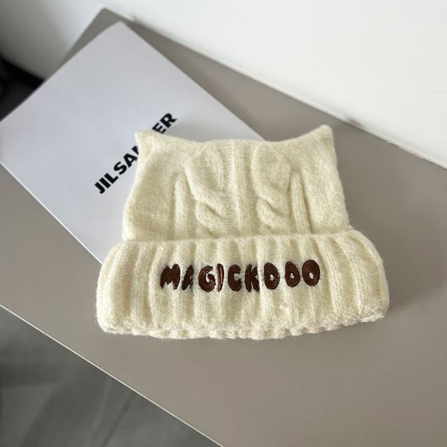 Embroidered Cable Lettering Knit Beanie