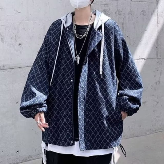 Mock Two-Piece Diamond Print Hooded Zip-Up Denim Jacket
