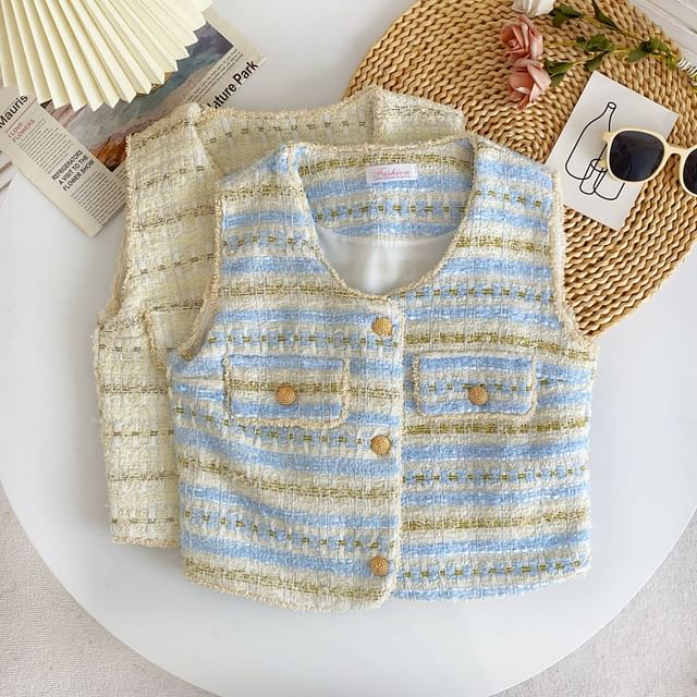 Sleeveless V-Neck Tweed Button Cropped Vest
