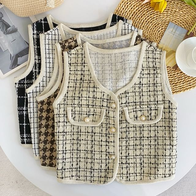 V-Neck Houndstooth Button Cropped Vest