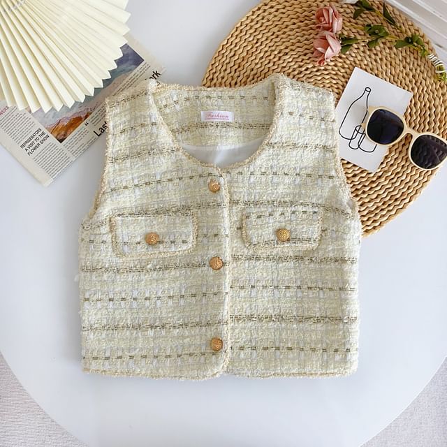 Sleeveless V-Neck Tweed Button Cropped Vest